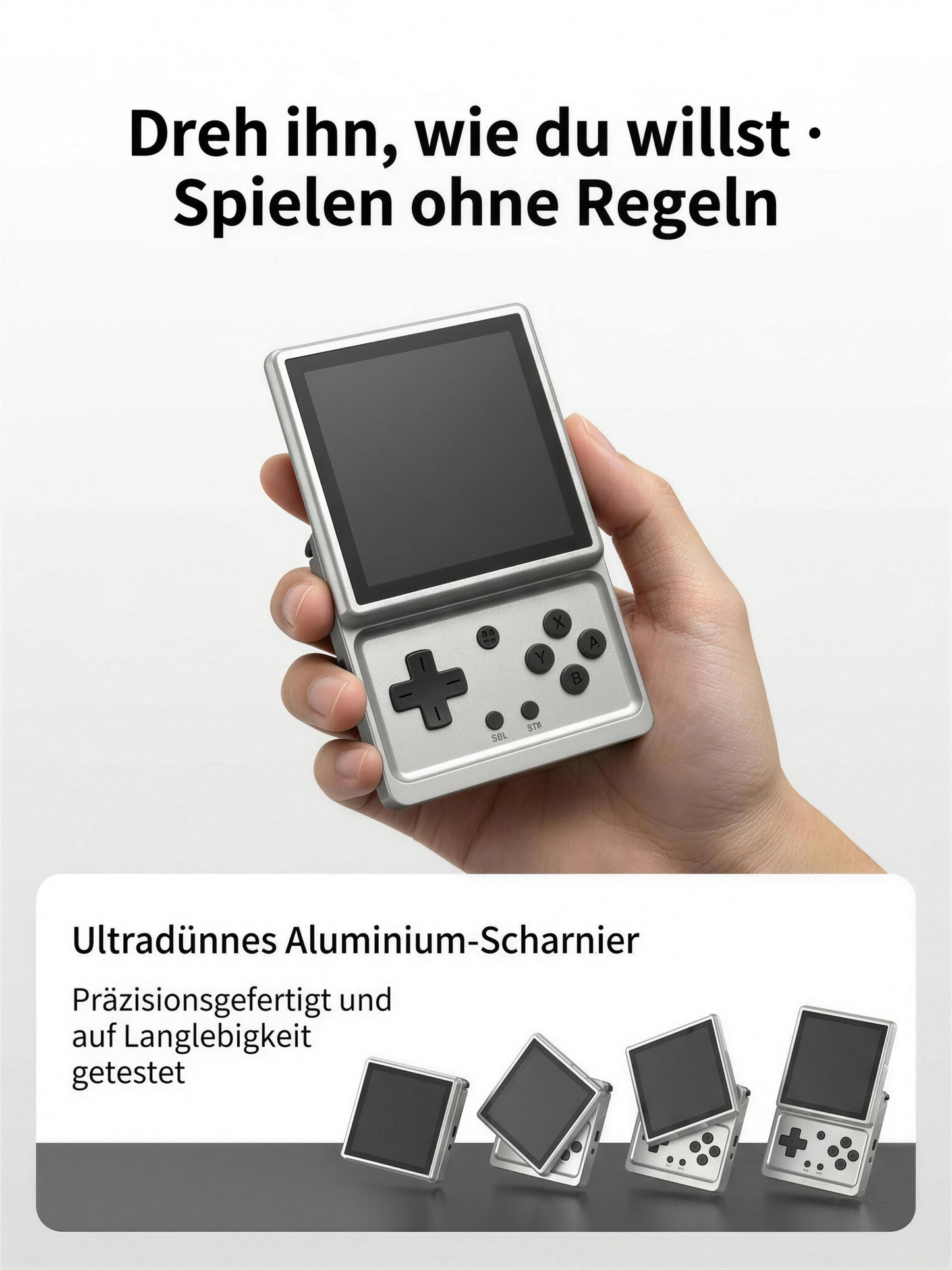 Anbernic RG Rotate in der Hand – drehbares 3,5-Zoll-Display, ultradünnes Aluminium-Scharnier