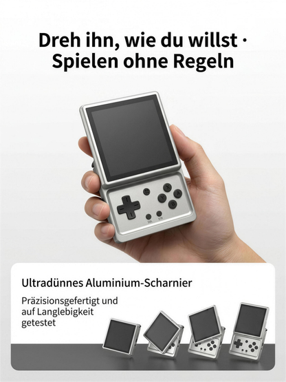 Anbernic RG Rotate in der Hand – drehbares 3,5-Zoll-Display, ultradünnes Aluminium-Scharnier