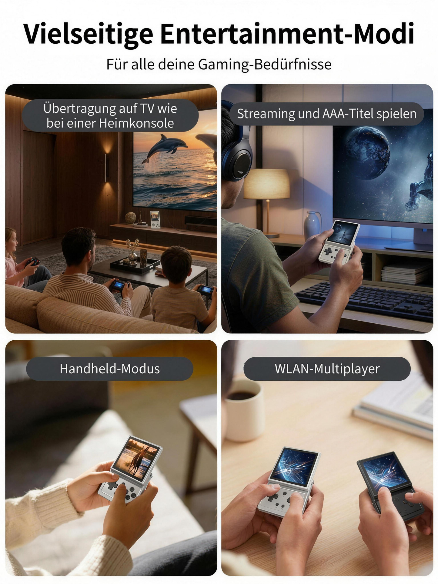 Vielseitige Entertainment-Modi – TV-Übertragung, Streaming, Handheld-Modus, WLAN-Multiplayer